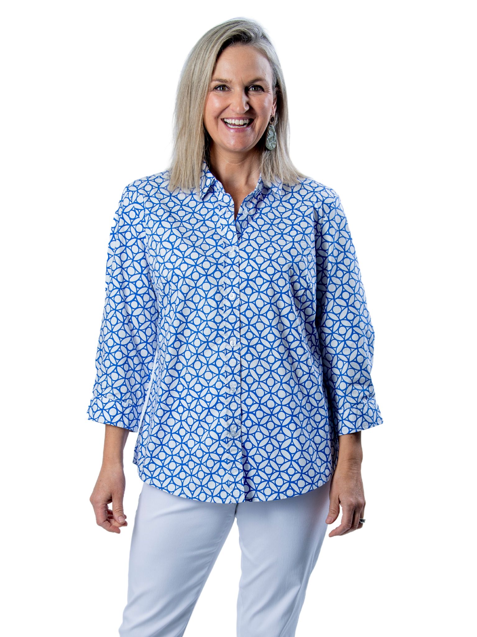 Equinox-womens-pure-cotton-poplin-geometric-blue-print-shirt